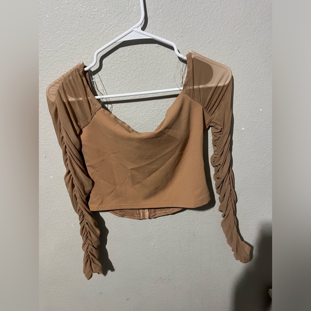 Windsor Womens Sexy Biege Crop Top Corset w/ Mesh Long Sleeves Size M NWT - Picture 3 of 4